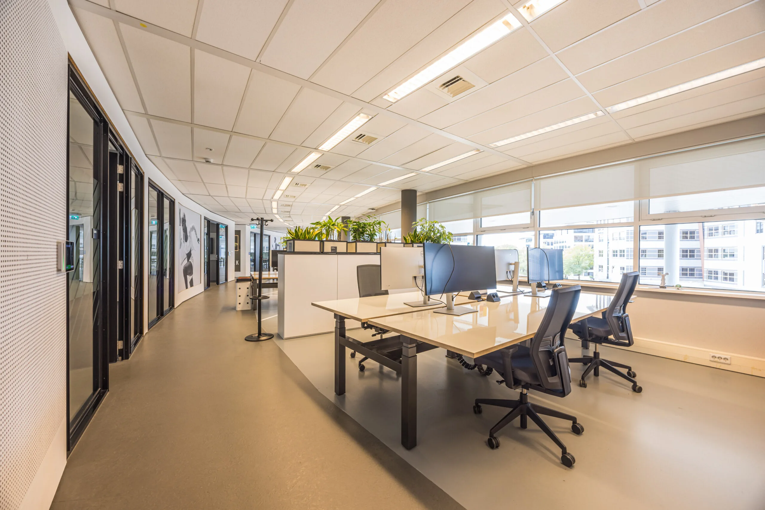 Modern open-plan office space at Olympia with large desks, ergonomic chairs, and natural light from wide windows.