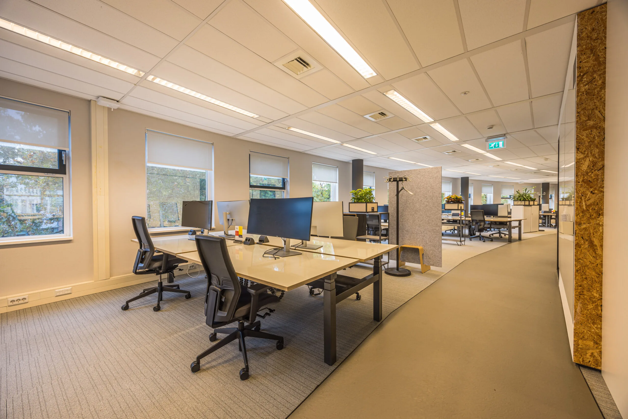 Modern open-plan office space with multiple workstations, ergonomic chairs, and large windows providing natural light.