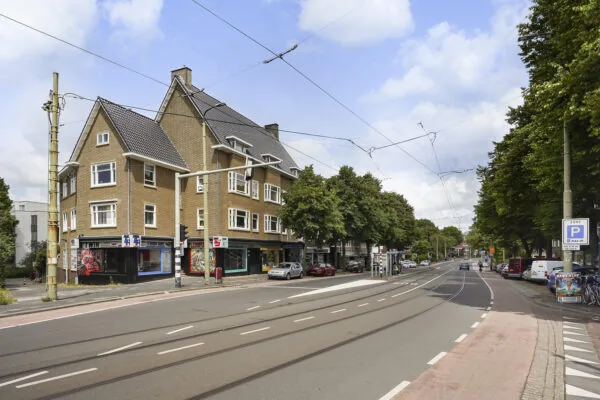 Straatbeeld van de Prinses Mariannelaan met winkels, geparkeerde auto's en tramsporen in een groene woonomgeving.