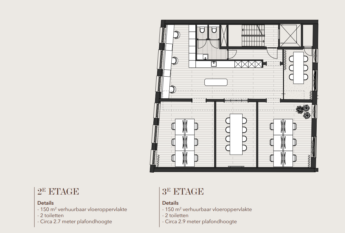 Floor plan of the 2nd and 3rd floors of a building on Rokin, each with 150 m² of rentable space, two toilets, and ceiling heights of approximately 2.7 and 2.9 meters.