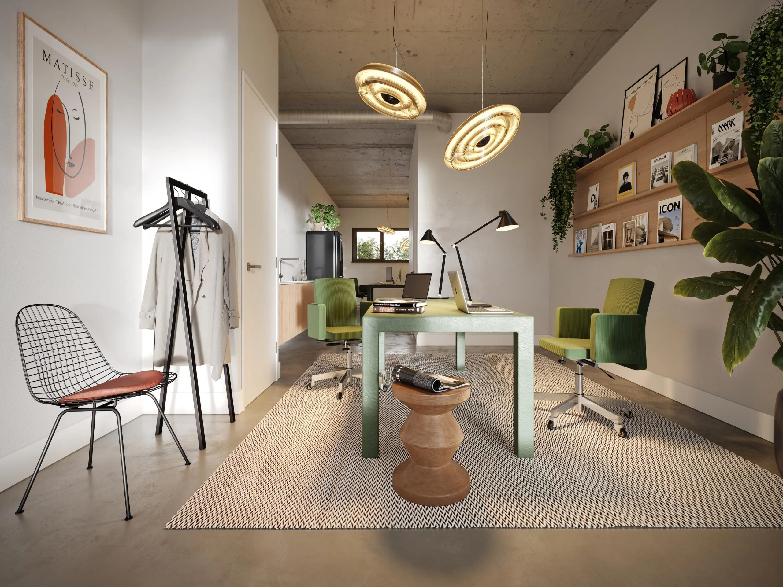 Modern home office with green chairs, a large desk, and wall shelves decorated with books, plants, and art in Zaanstraat.