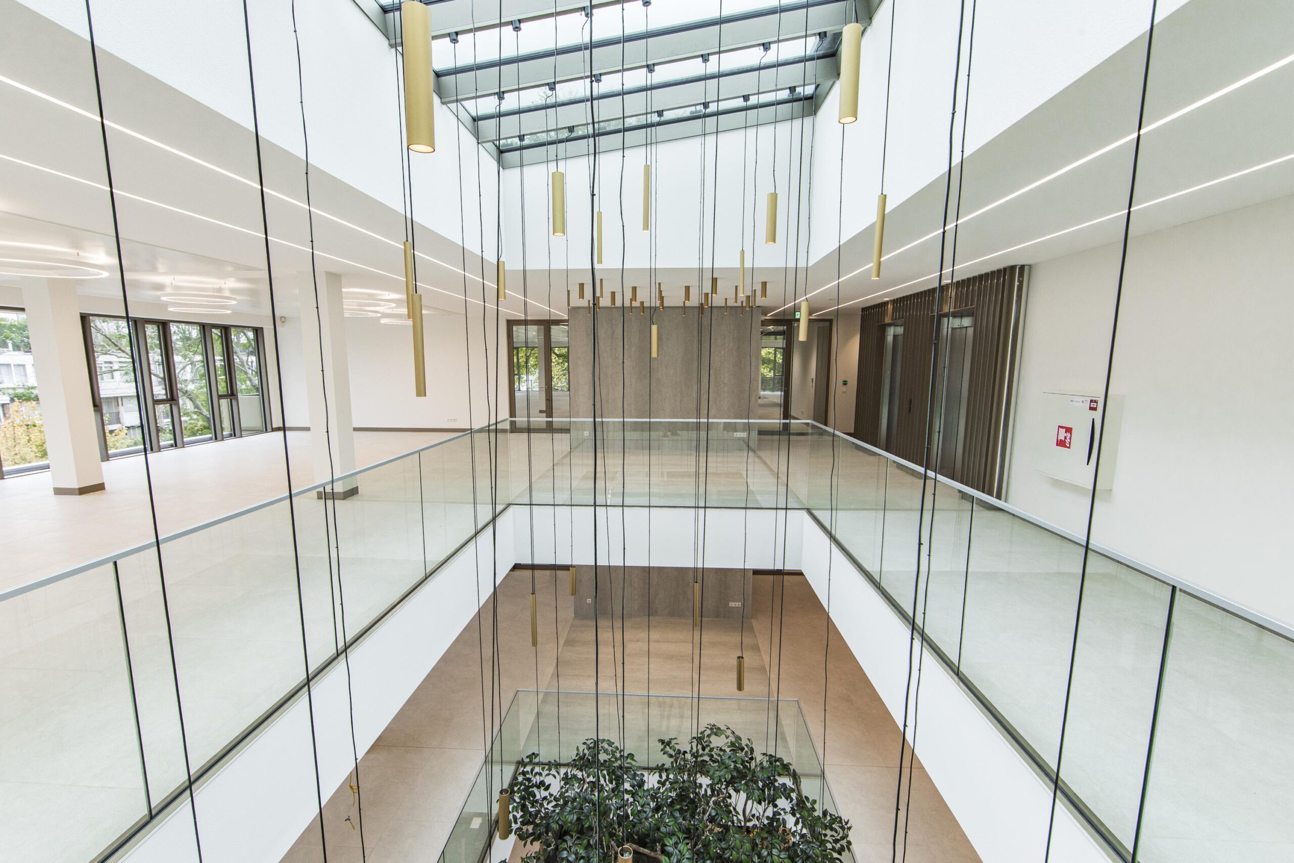 Modern, light-filled atrium of the Walborg building with glass railings, hanging pendant lights, and indoor greenery.