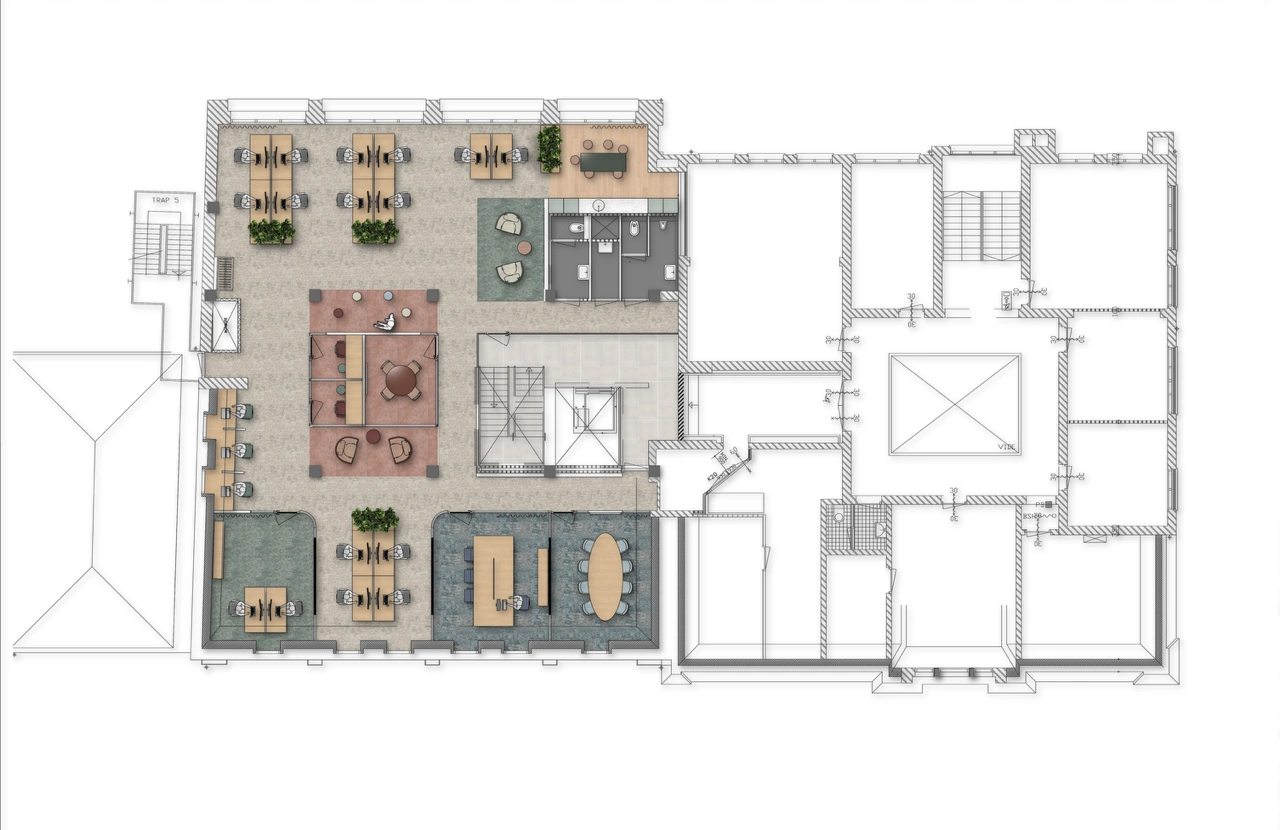 Plattegrond van een kantoorruimte met verschillende werkplekken, vergadertafels en sanitaire voorzieningen.