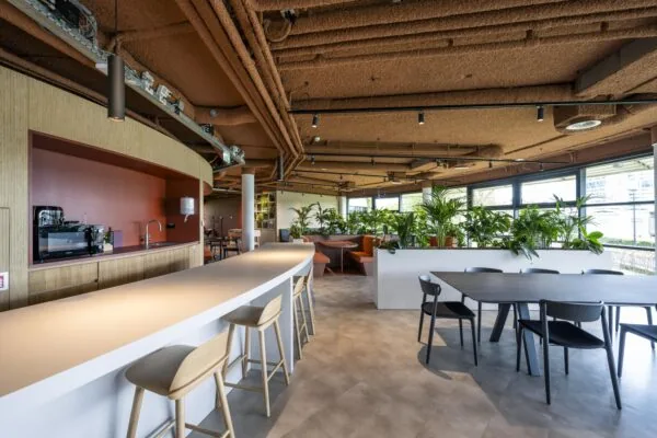 Modern office kitchen and seating area with natural light, wooden finishes, and abundant indoor plants at Omval 252611574.