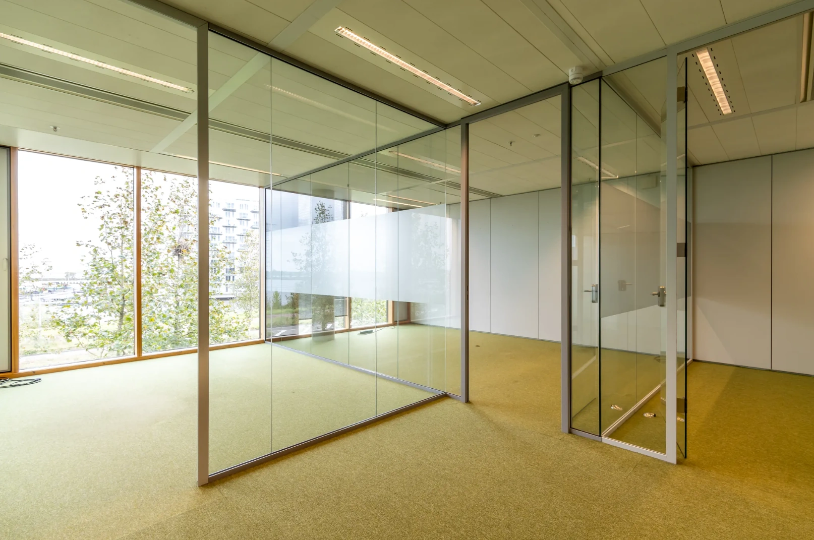 Modern empty office space on Pedro de Medinalaan with glass walls, green carpet, and large windows.