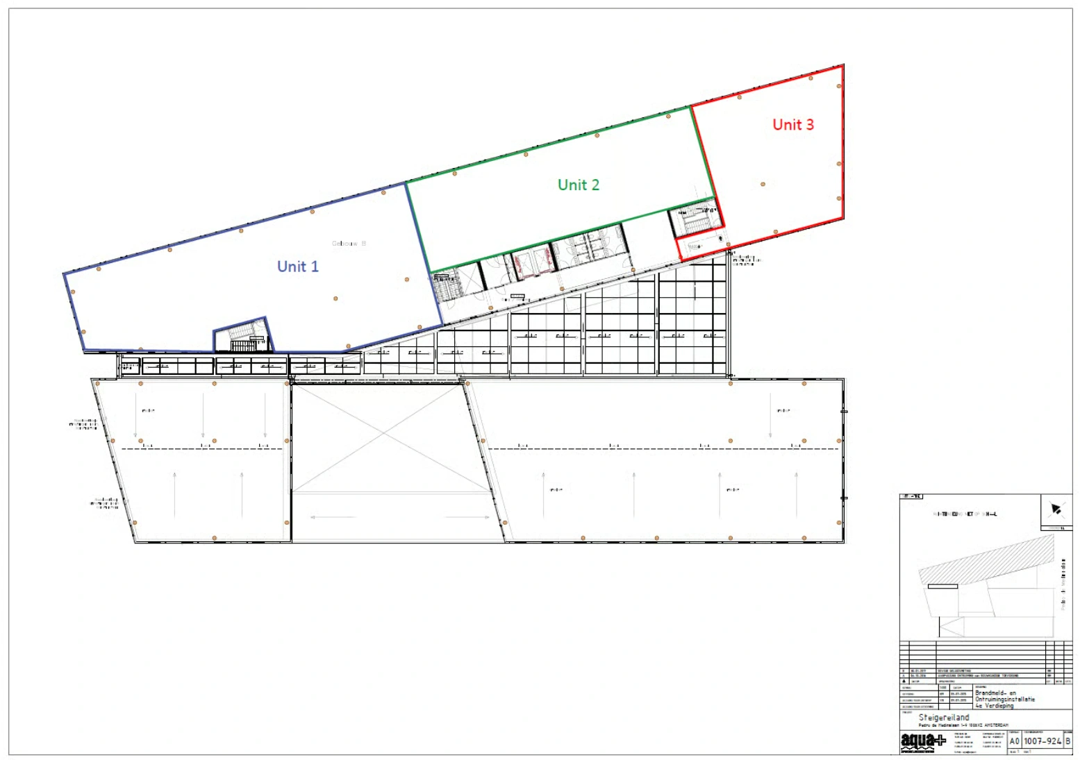 Architectural floor plan of Pedro de Medinalaan showing three color-coded units labeled Unit 1, Unit 2, and Unit 3.