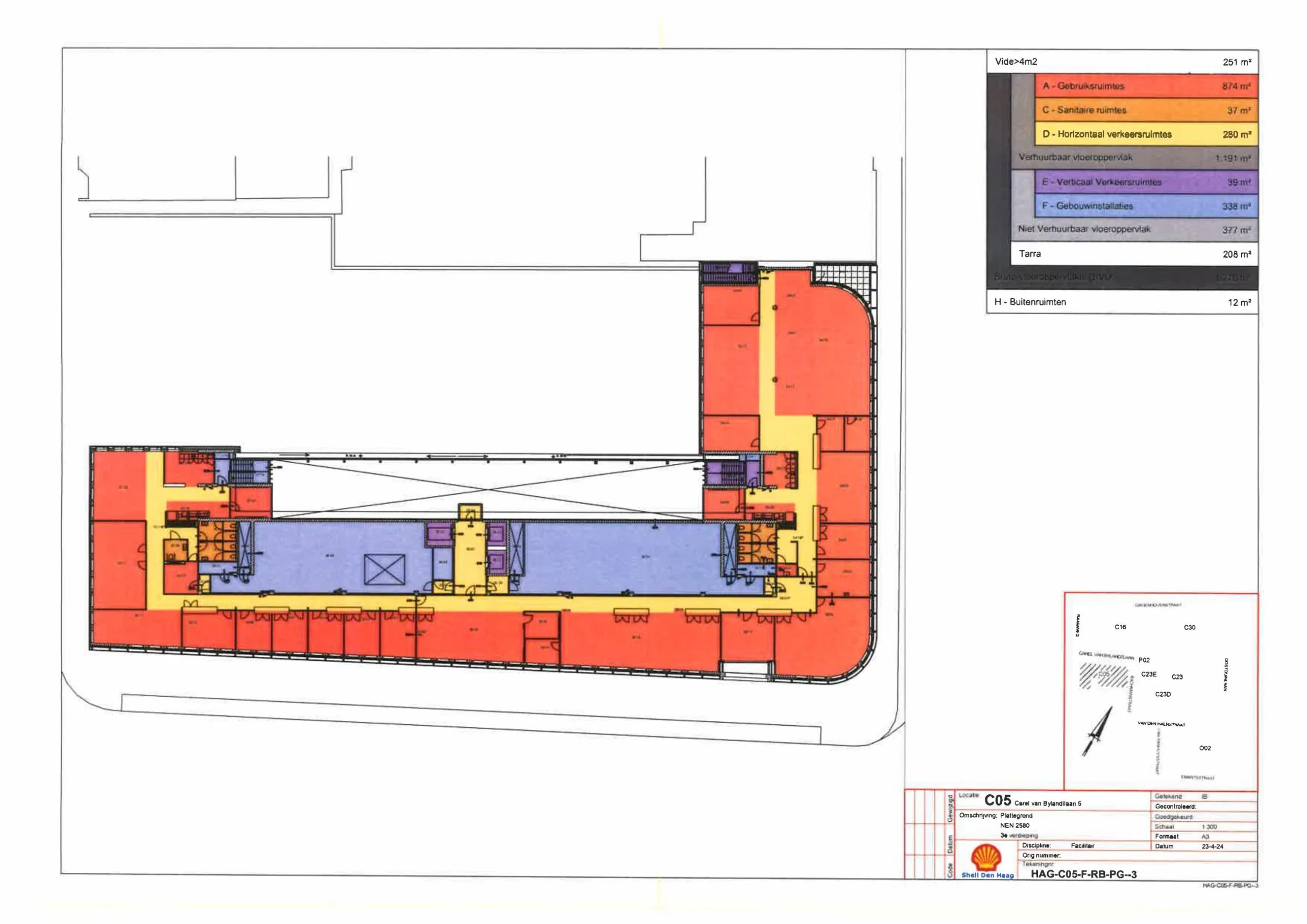 Color-coded floor plan of the Carel van Bylandtlaan building showing various functional areas.