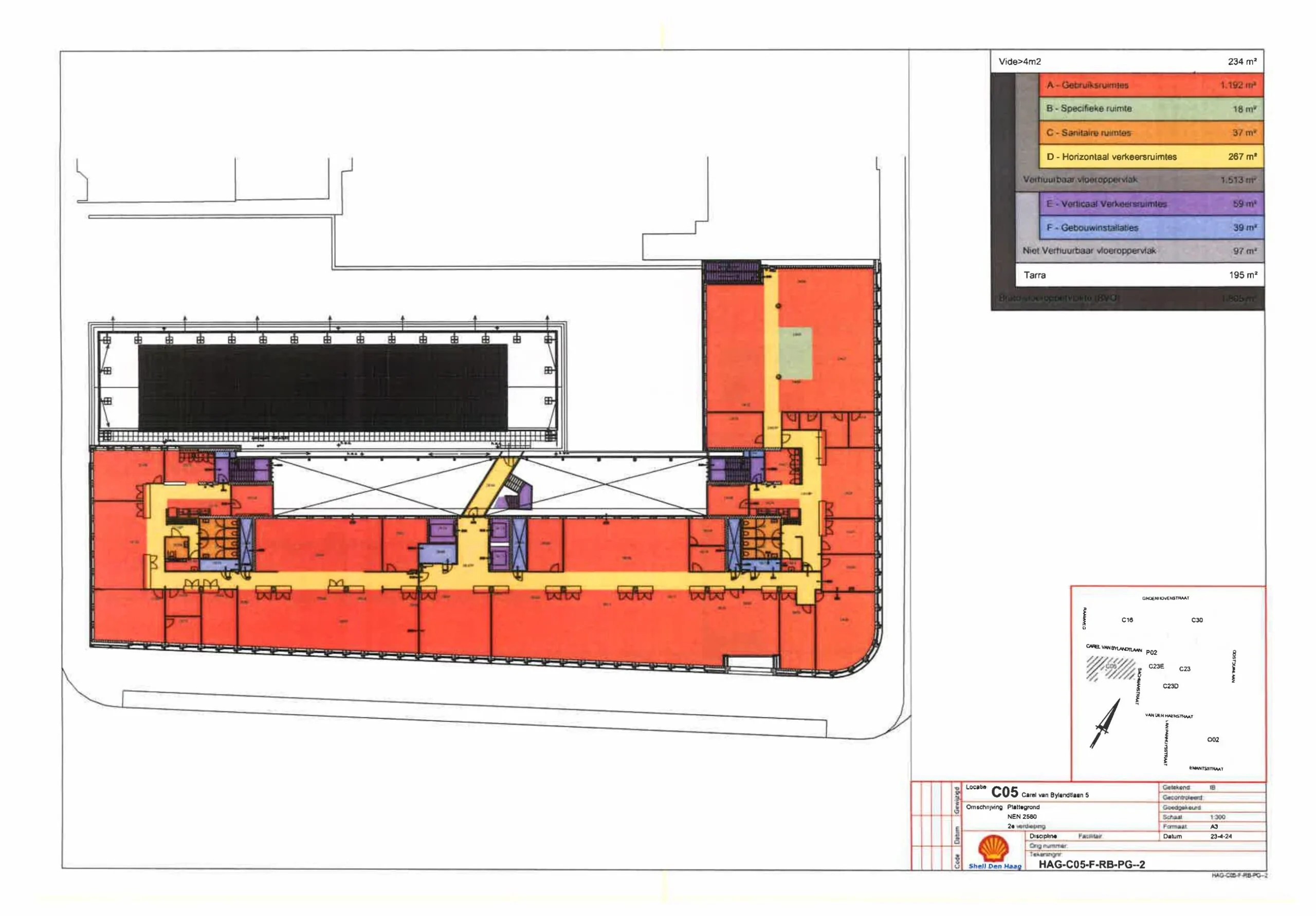Floor plan of the Carel van Bylandtlaan 5 building showing usage areas, circulation zones, and technical spaces in color-coded sections.