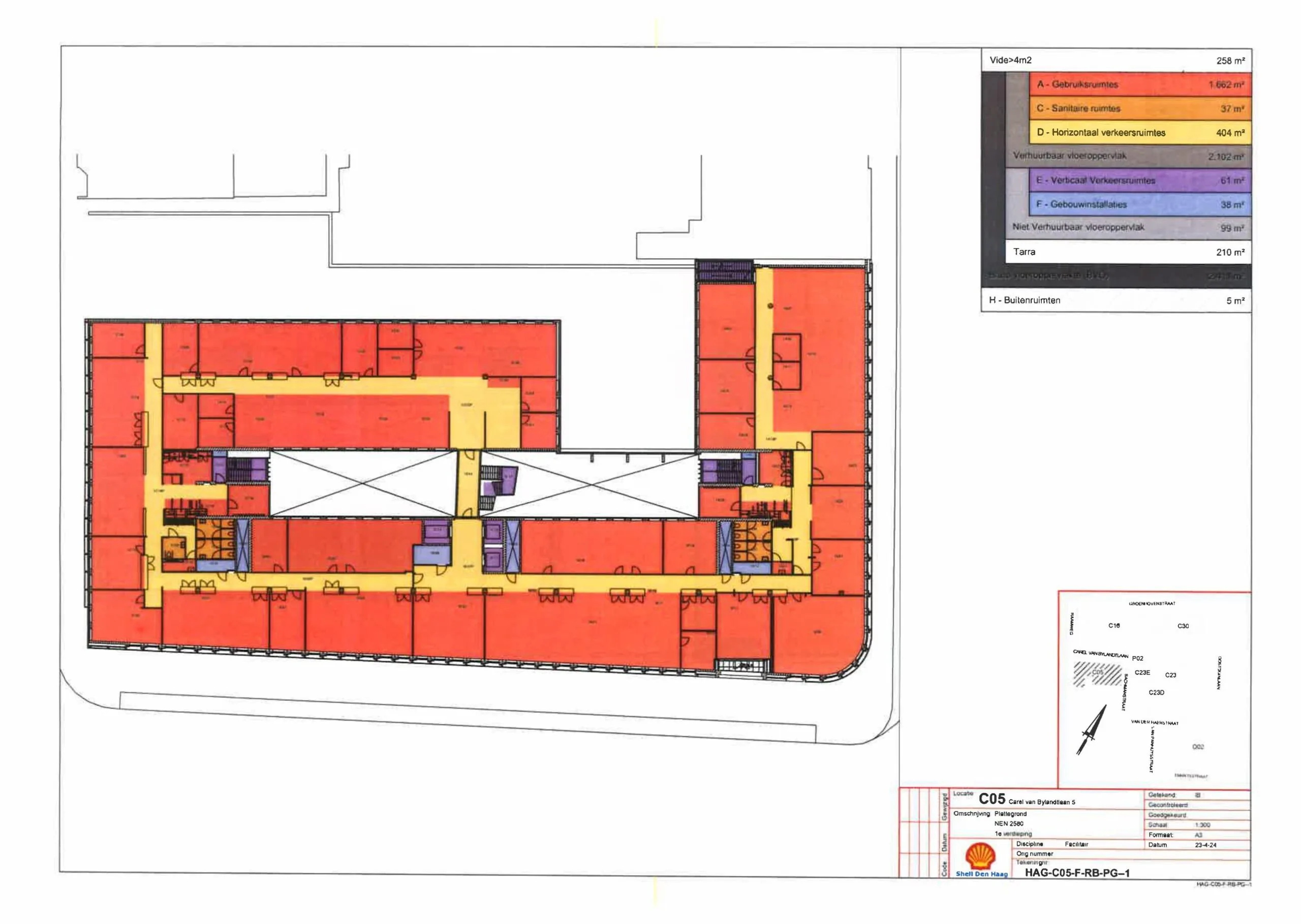 Floor plan of the Carel van Bylandtlaan C05 building with color-coded areas indicating different room functions.