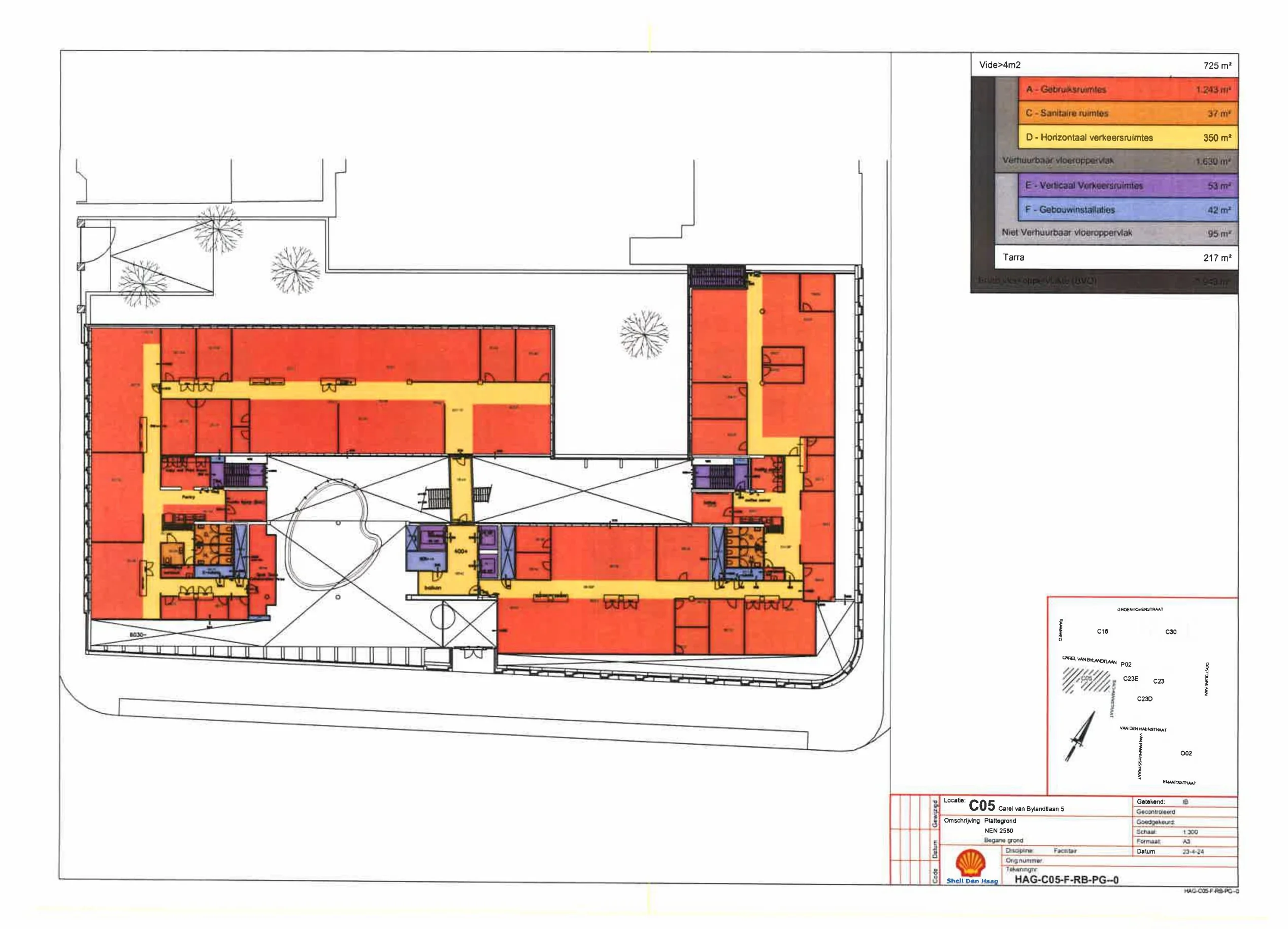 Floor plan of the Shell office building on Carel van Bylandtlaan showing different room types and color-coded areas for usage, sanitation, traffic, and technical installations.