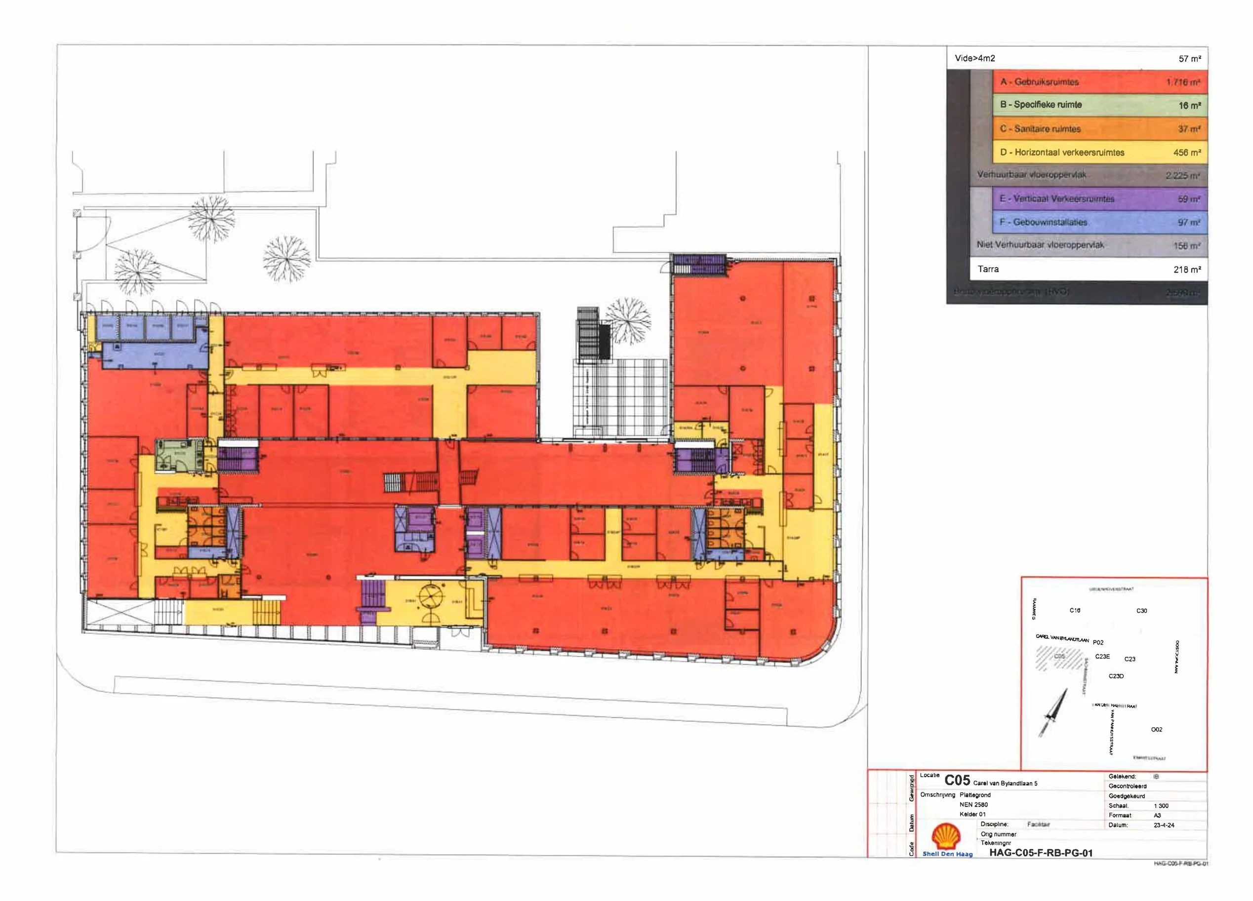 Color-coded floor plan of the Carel van Bylandtlaan 5 building showing room functions and surface areas.