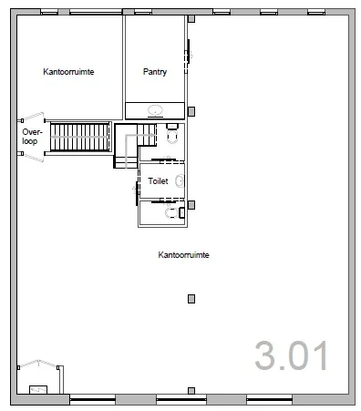 Floor plan of office space 3.01 at Leidsegracht, featuring two office rooms, a pantry, toilets, and a stair landing.
