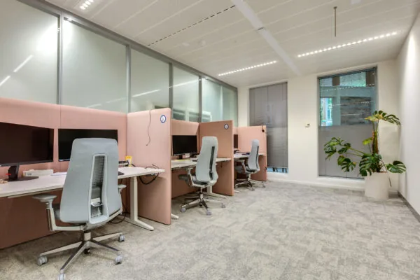 Modern office workspace with pink partitioned desks and ergonomic chairs on Carel van Bylandtlaan.