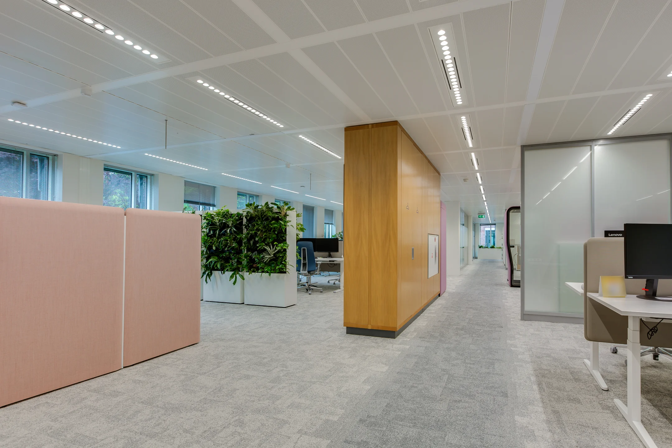 Modern open-plan office interior at Carel van Bylandtlaan featuring workstations, green plant dividers, and soft pastel partitions.