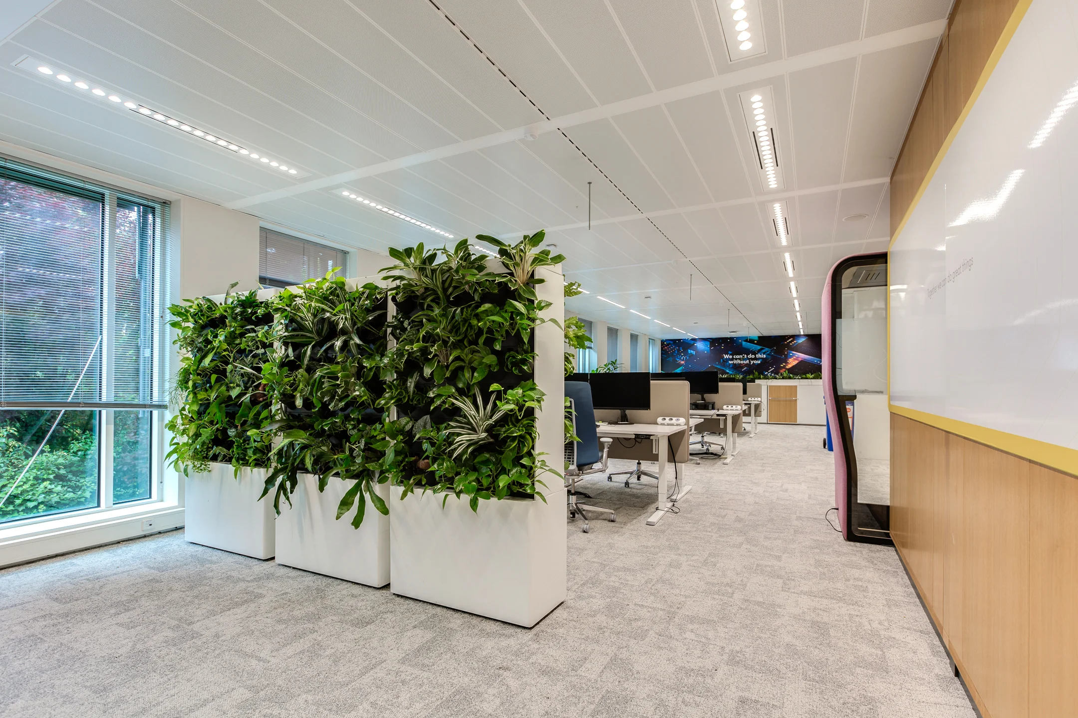 Modern open-plan office on Carel van Bylandtlaan with indoor plant dividers and ergonomic workstations.