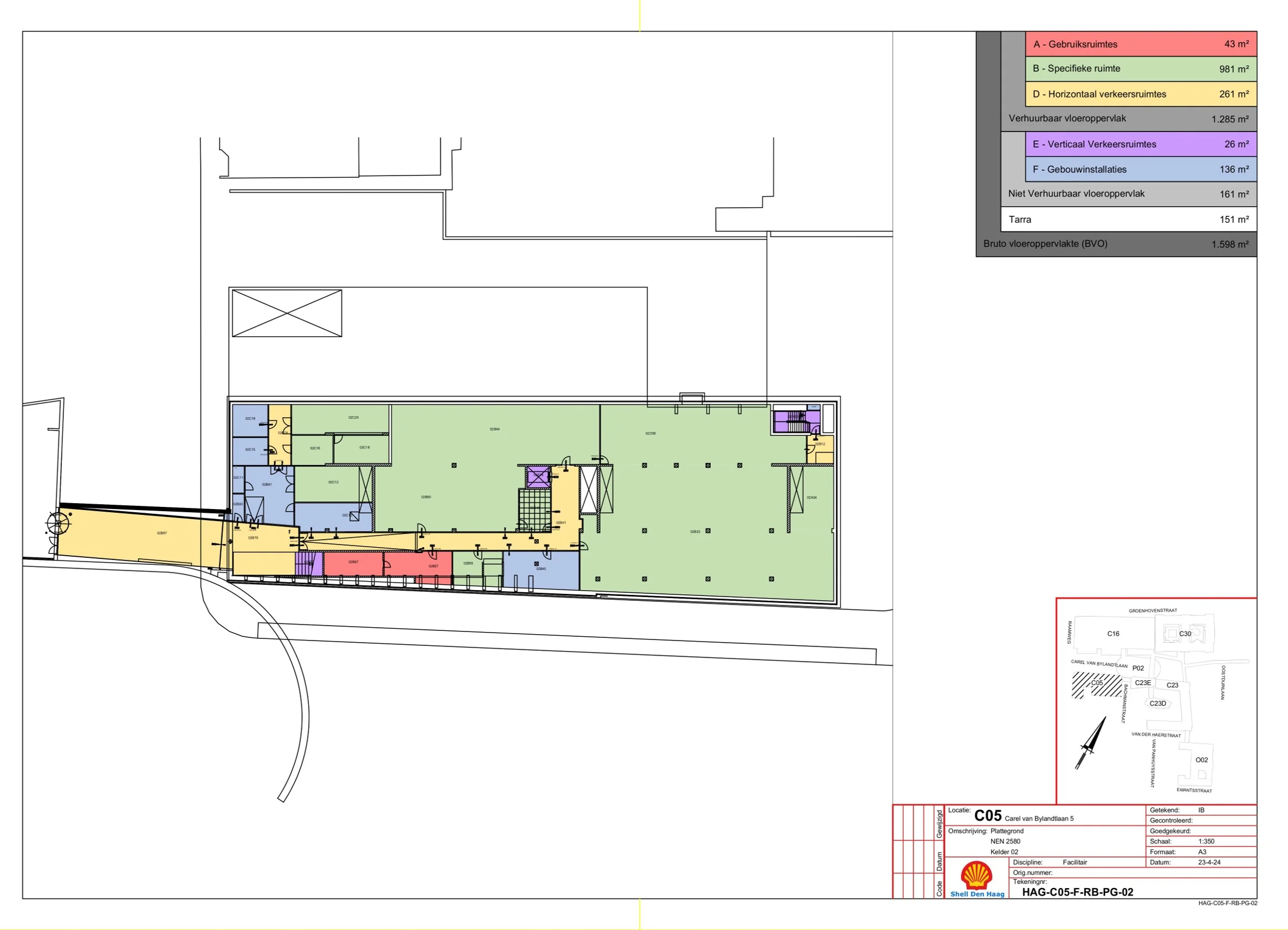 Floor plan of the Carel van Bylandtlaan 5 building (unit C05) showing different functional areas by color coding and surface area specifications.