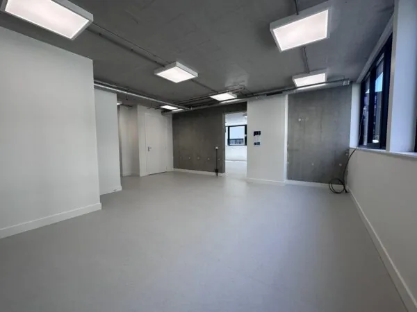 Modern, unfurnished office space on Willem Parelstraat with concrete walls, large windows, and ceiling-mounted LED lighting.