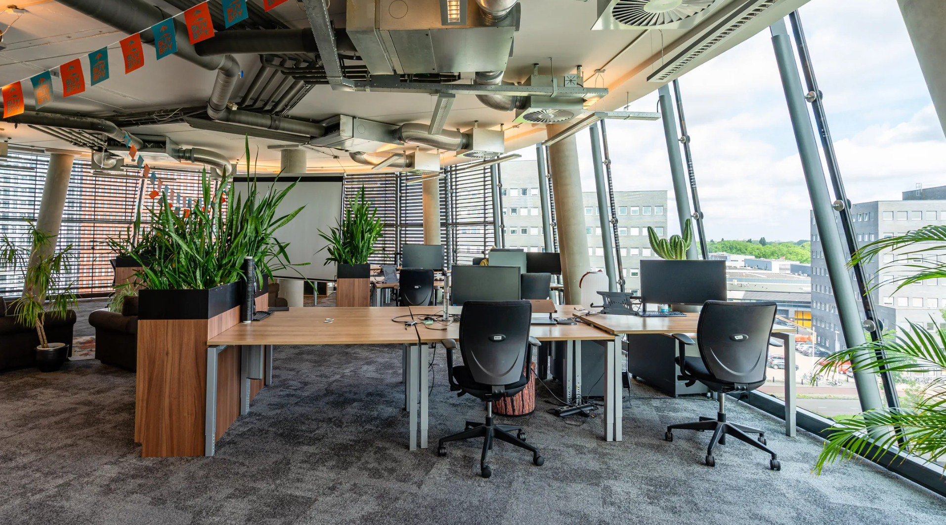 Modern open-plan office space at TT Vasumweg with large windows, plants, and multiple workstations.