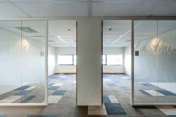 Modern office space at Rietlandpark with glass walls, patterned carpet, and large windows.