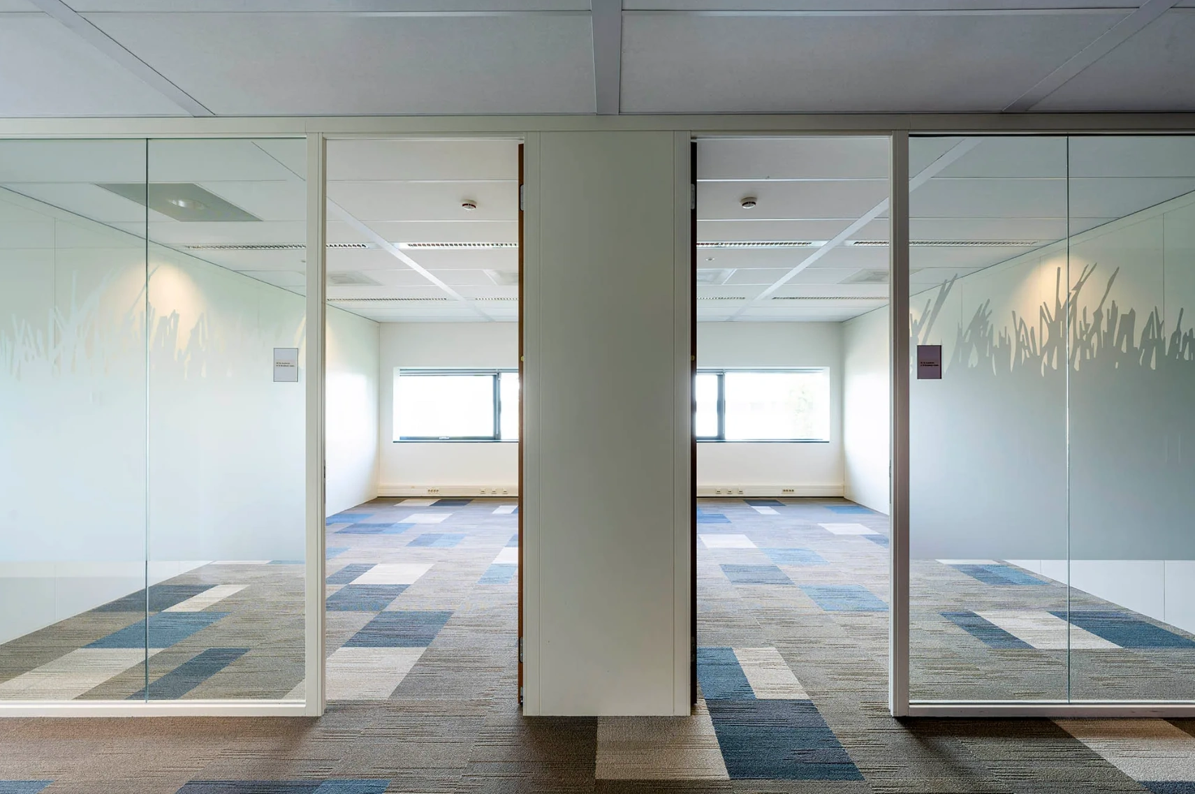 Modern office space at Rietlandpark with glass walls, patterned carpet, and large windows.