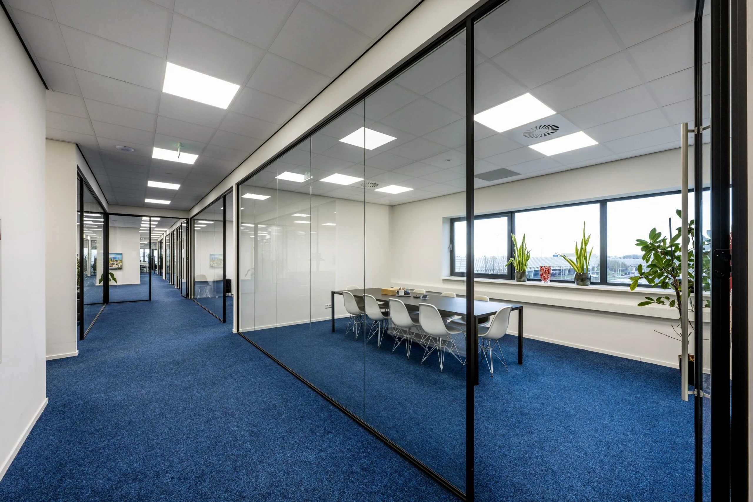 Modern office hallway with blue carpet, glass-walled meeting rooms, and large windows at Dynamostraat.