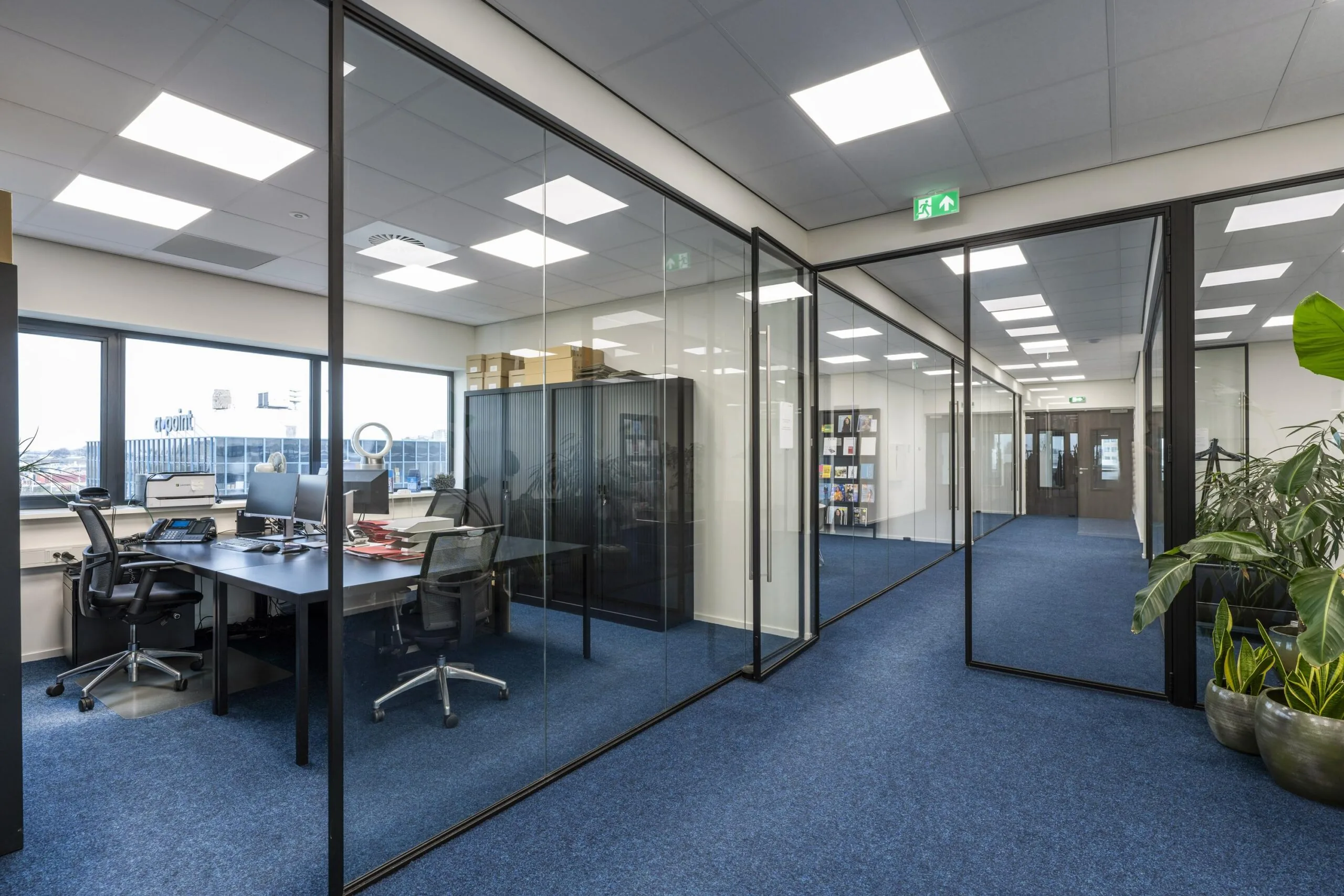 Modern office interior on Dynamostraat with glass walls, blue carpet, and workstations near large windows.