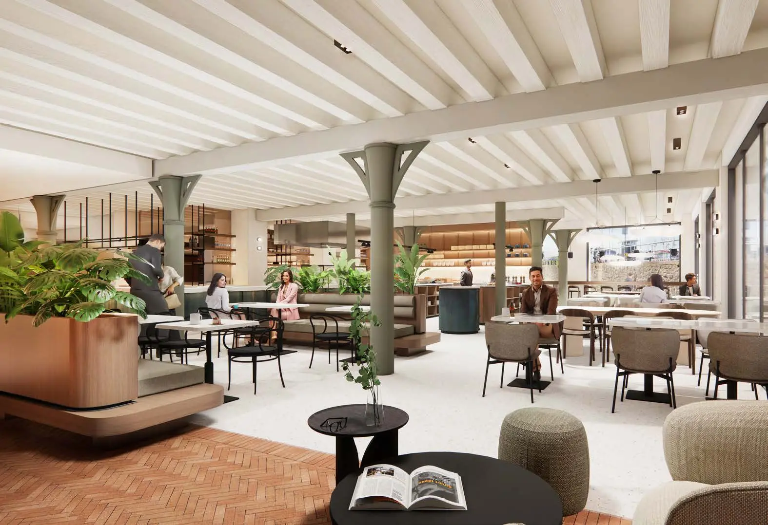 Modern, spacious café interior at Nieuwe Vaart with people sitting and talking in a stylish, light-filled setting.