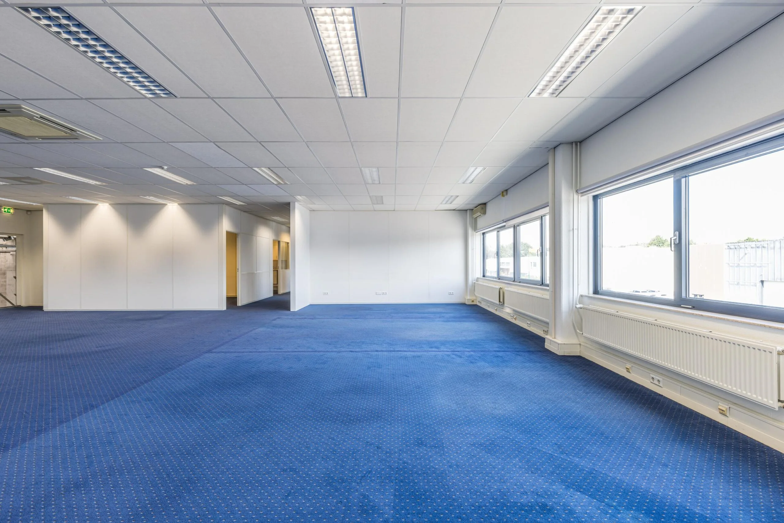 Spacious, empty office space at Zonnebaan with blue carpet and large windows.
