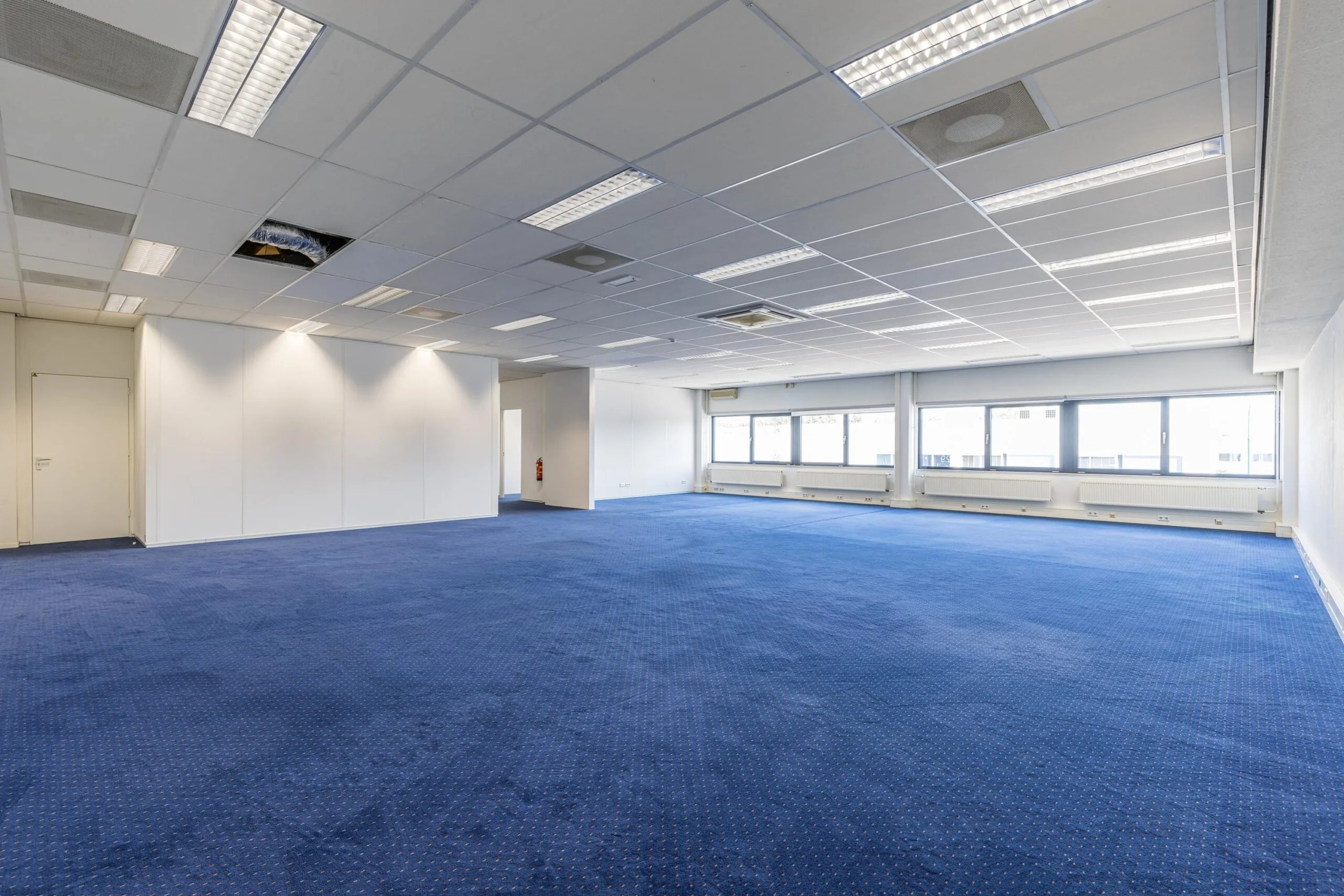 Spacious, empty office space with blue carpet and large windows located on Zonnebaan.