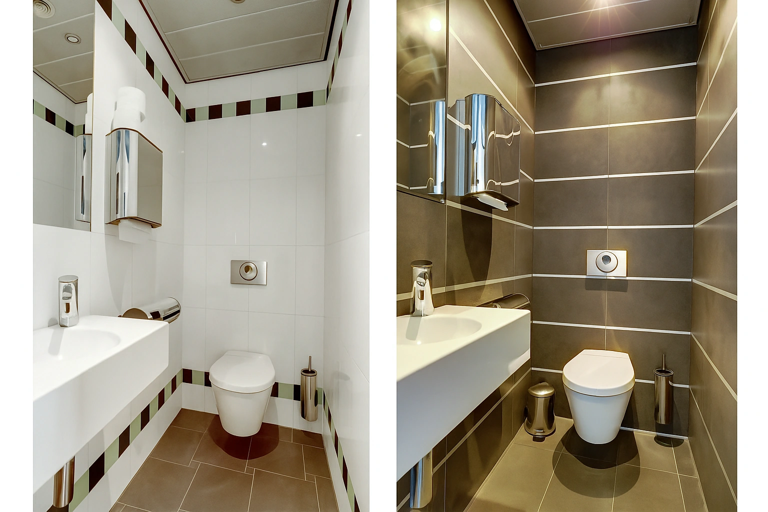 Twee moderne toiletruimtes met hangtoiletten en wastafels in verschillende tegelstijlen.