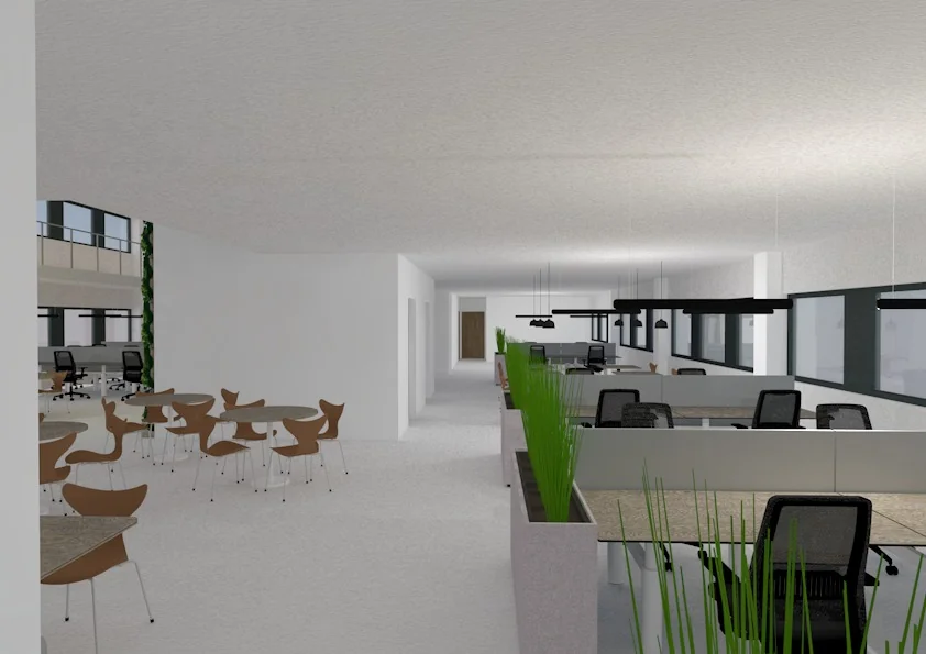 Open kantooruimte in moderne stijl met flexplekken, ronde vergadertafels en groene planten als afscheiding.