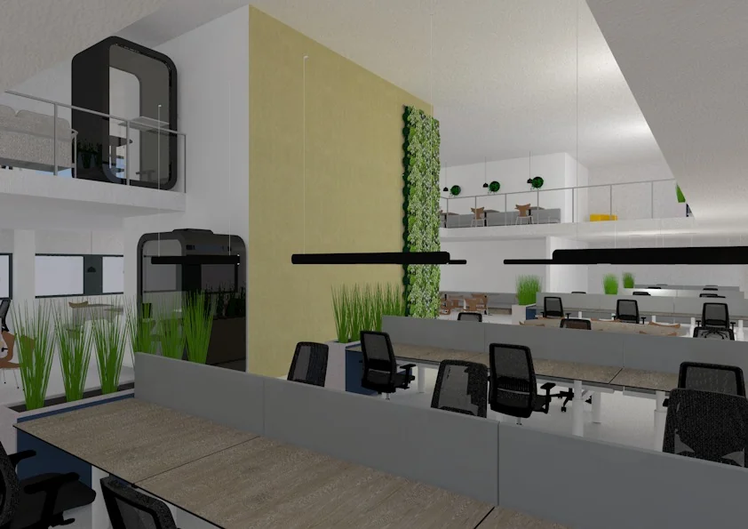 Moderne open kantooruimte in New York-stijl met werkplekken, vergaderruimtes en groene plantenwanden.