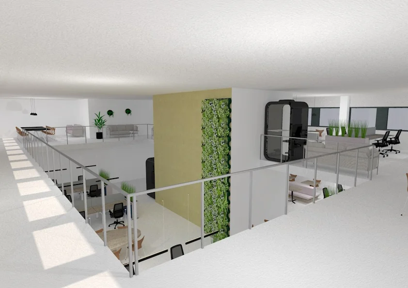 Modern kantoorinterieur met glazen balustrade, groene plantenwand en werkplekken op een open verdieping.