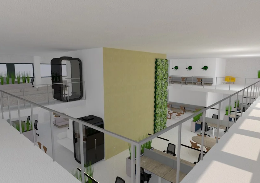 Modern kantoorinterieur in New Yorkstraat met open werkplekken, glazen wanden, belcabines en een groene plantenmuur.