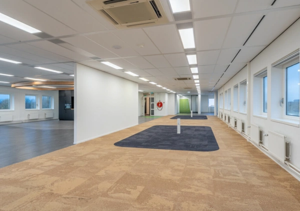 Kantoorruimte aan de K.P. van der Mandelelaan met moderne verlichting, grote ramen en deels betegelde vloerbedekking.