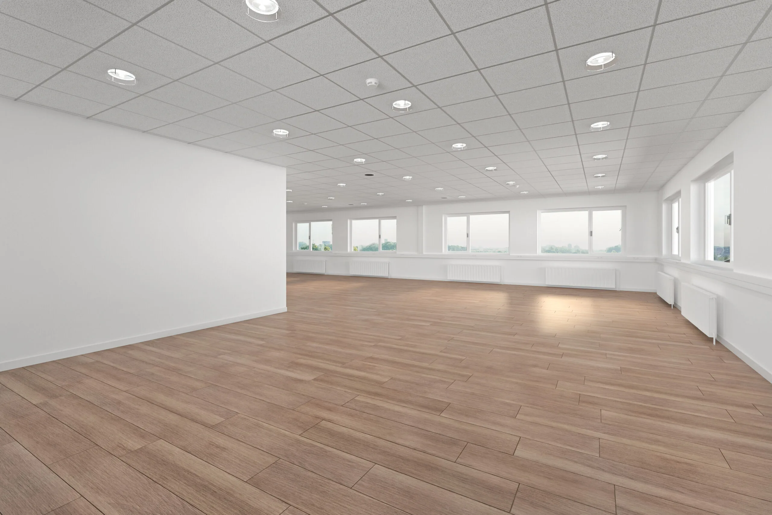 Licht en modern kantoorinterieur aan de Laan van S-Gravenmade met houten vloer en systeemplafond.