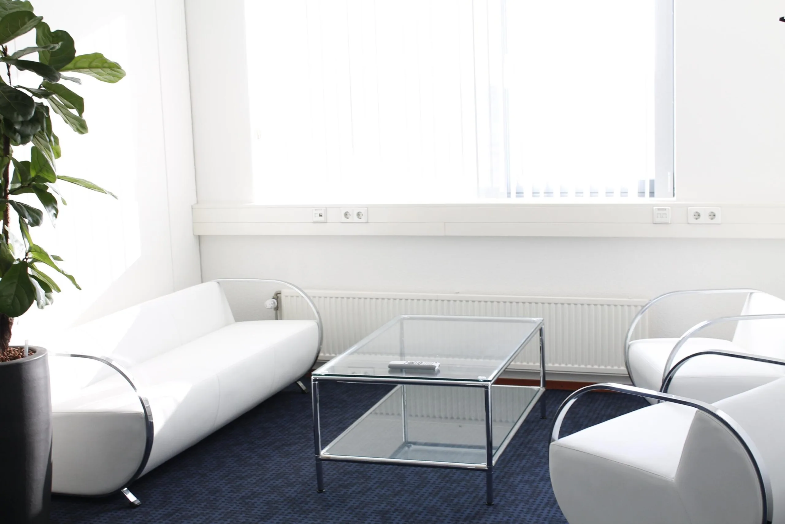 Witte wachtruimte met moderne meubels, glazen salontafel en grote kamerplant aan de Laan van ’s-Gravenmade.