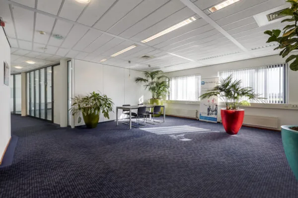 Moderne kantoorruimte aan de Laan van 's-Gravenmade met vergadertafel, grote plantenbakken en veel daglicht.