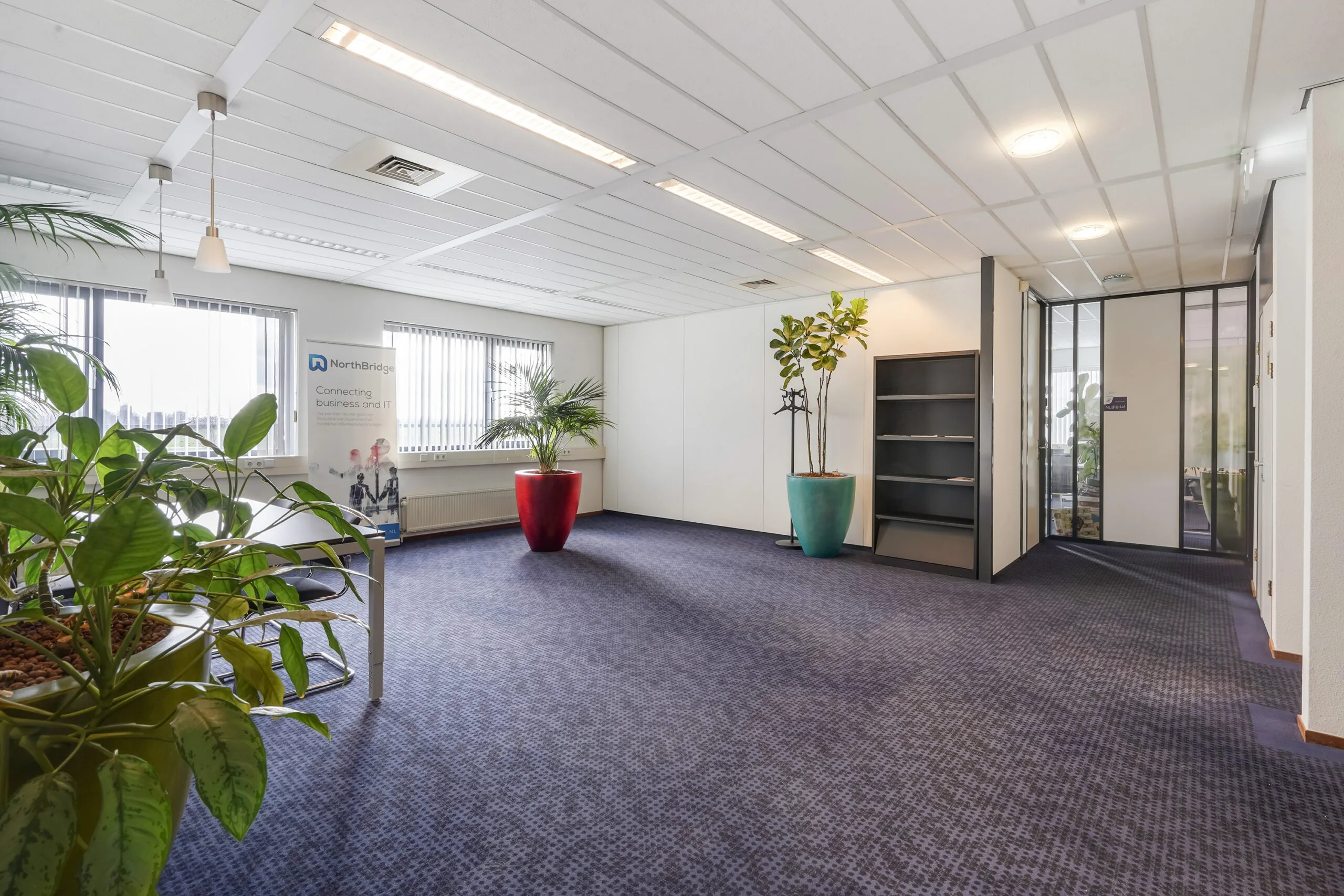 Moderne kantoorruimte aan Laan van s-Gravenmade met blauwe vloerbedekking, grote planten in gekleurde potten en een banner van NorthBridge bij het raam.