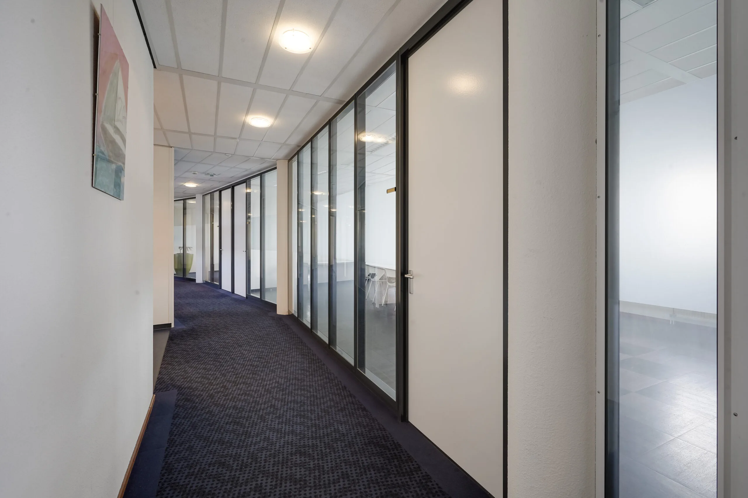 Moderne kantoorhal met glazen kantoordeuren aan de Laan van ’s-Gravenmade.