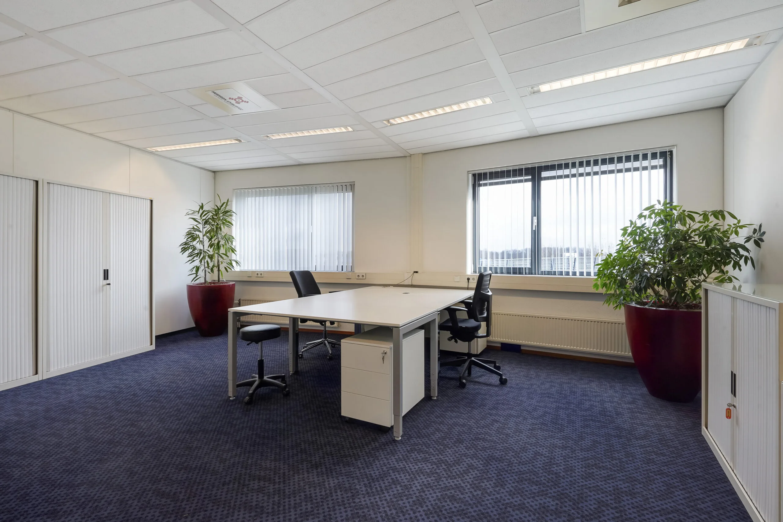 Moderne kantoorruimte aan de Laan van S-Gravenmade met twee bureaus, kantoorstoelen, opbergkasten en grote planten in rode potten.