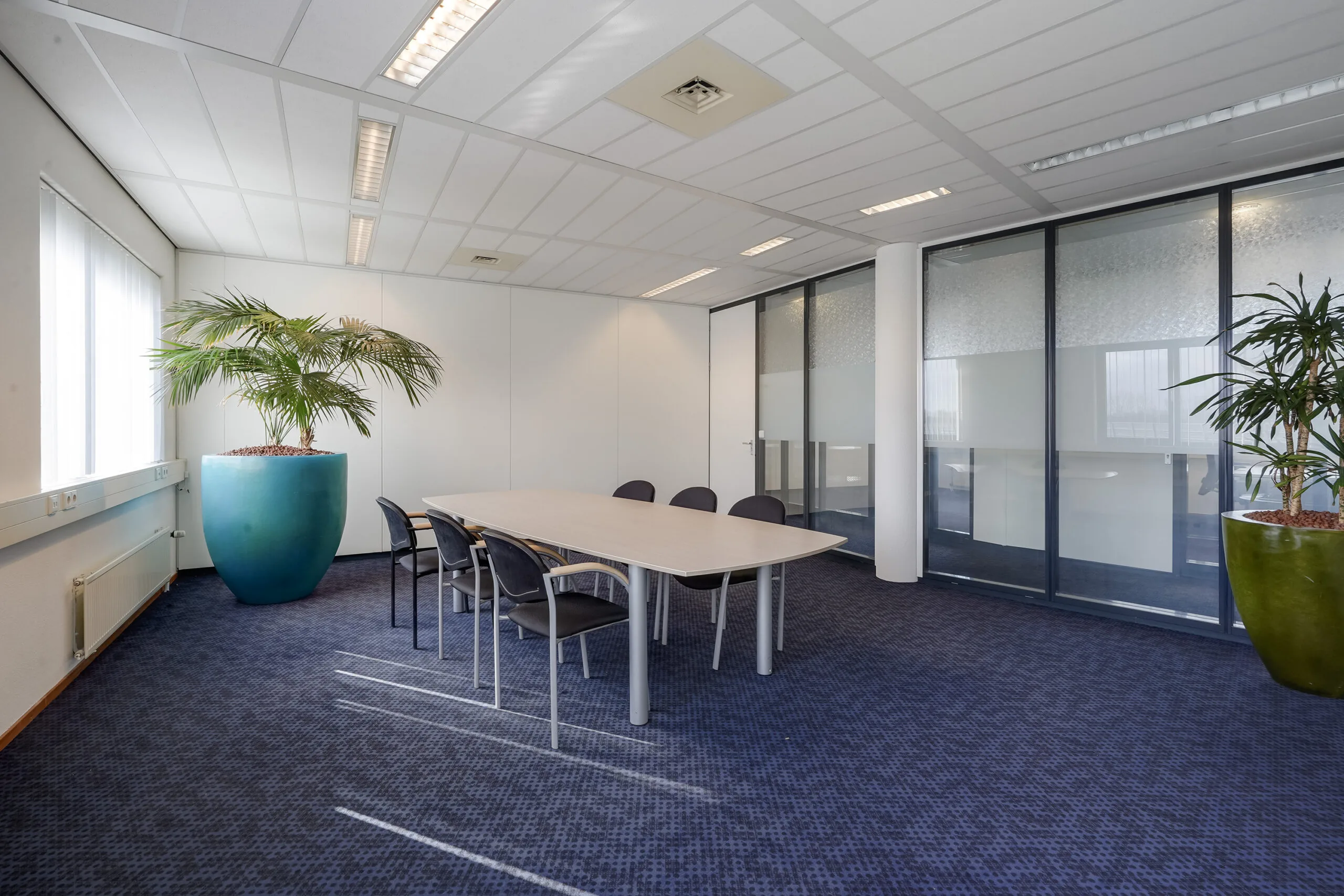 Vergaderruimte aan de Laan van ’s-Gravenmade met een grote tafel, zes stoelen en twee grote planten in kleurrijke potten.