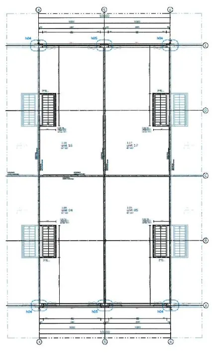Bouwkundige plattegrond van de Laan van s-Gravenmade met meerdere units en trappenhuizen.