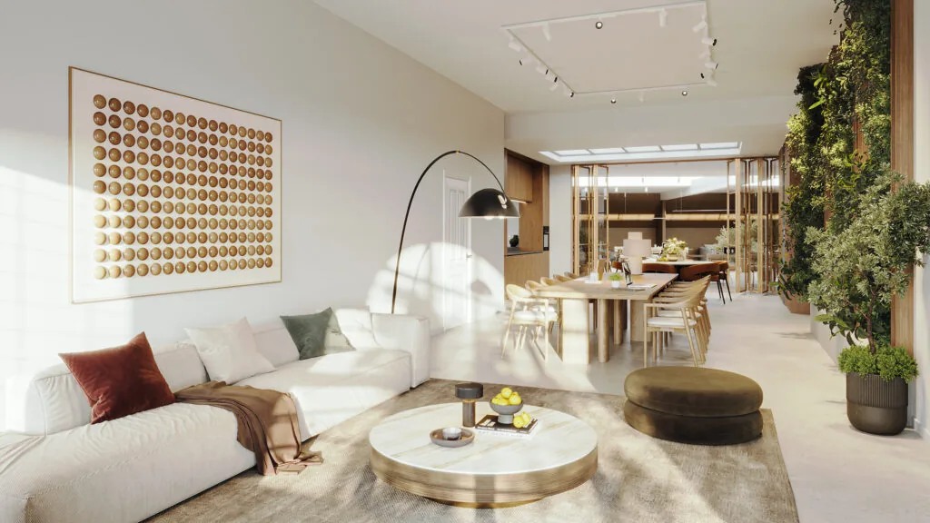 Lichte en moderne woonkamer aan de Baarsjesweg met een grote eettafel, verticale plantenwand en minimalistisch interieurdesign.