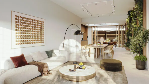 Lichte en moderne woonkamer aan de Baarsjesweg met een grote eettafel, verticale plantenwand en minimalistisch interieurdesign.
