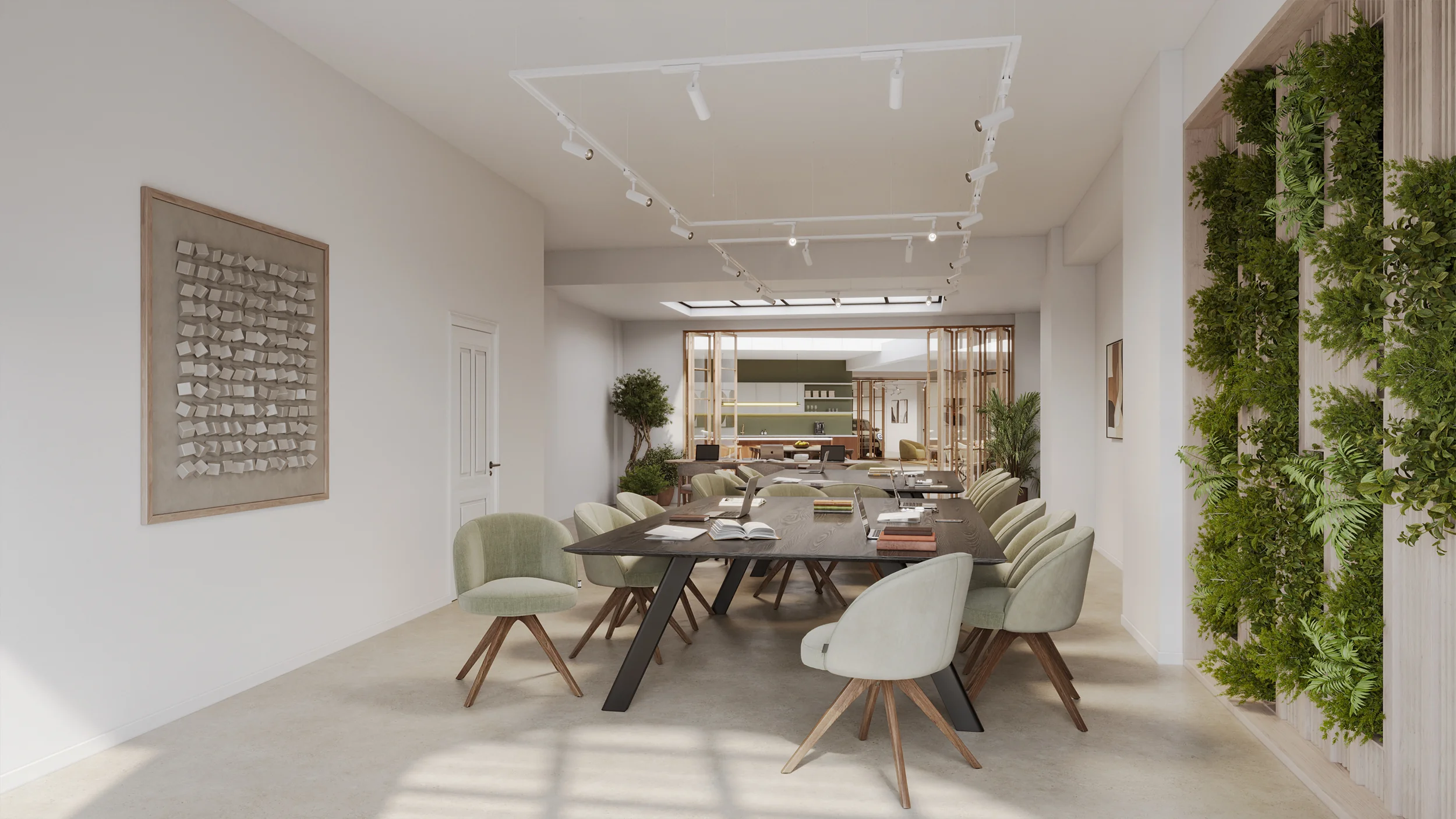 Moderne vergaderruimte aan de Baarsjesweg met een lange houten tafel, mintgroene stoelen en een groene plantenwand.