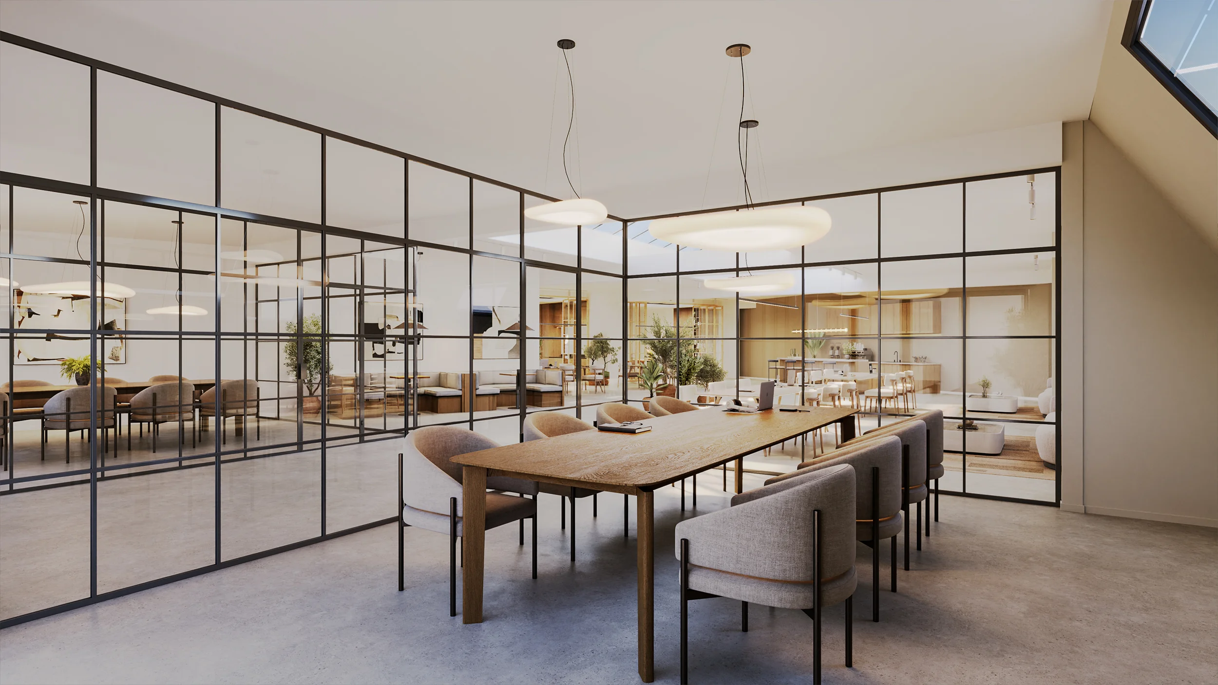 Moderne vergaderruimte aan de Baarsjesweg met een lange houten tafel, omringd door glazen wanden en eigentijdse verlichting.