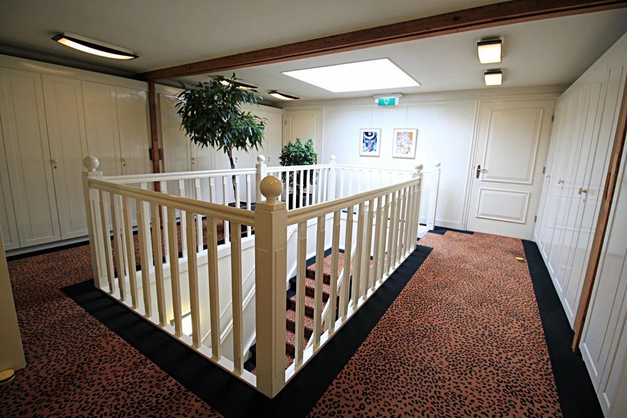 Bovenverdieping van een gebouw aan de Museumlaan met een opvallend luipaardprinttapijt, witte trapbalustrade, kamerplanten en kunst aan de muur.