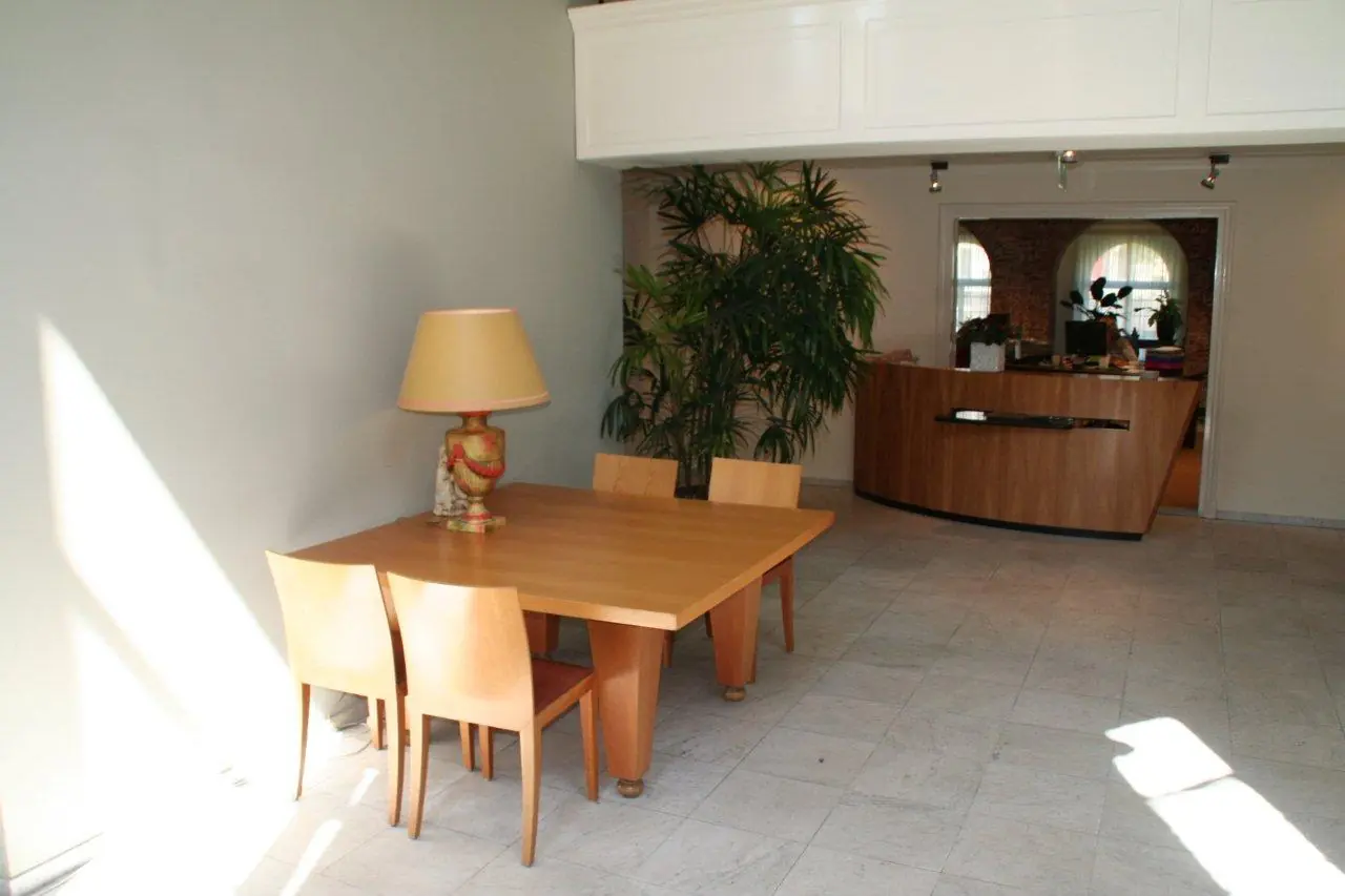 Moderne ontvangstruimte met houten tafel en stoelen, een lamp, een grote plant en een houten balie op Museumlaan.