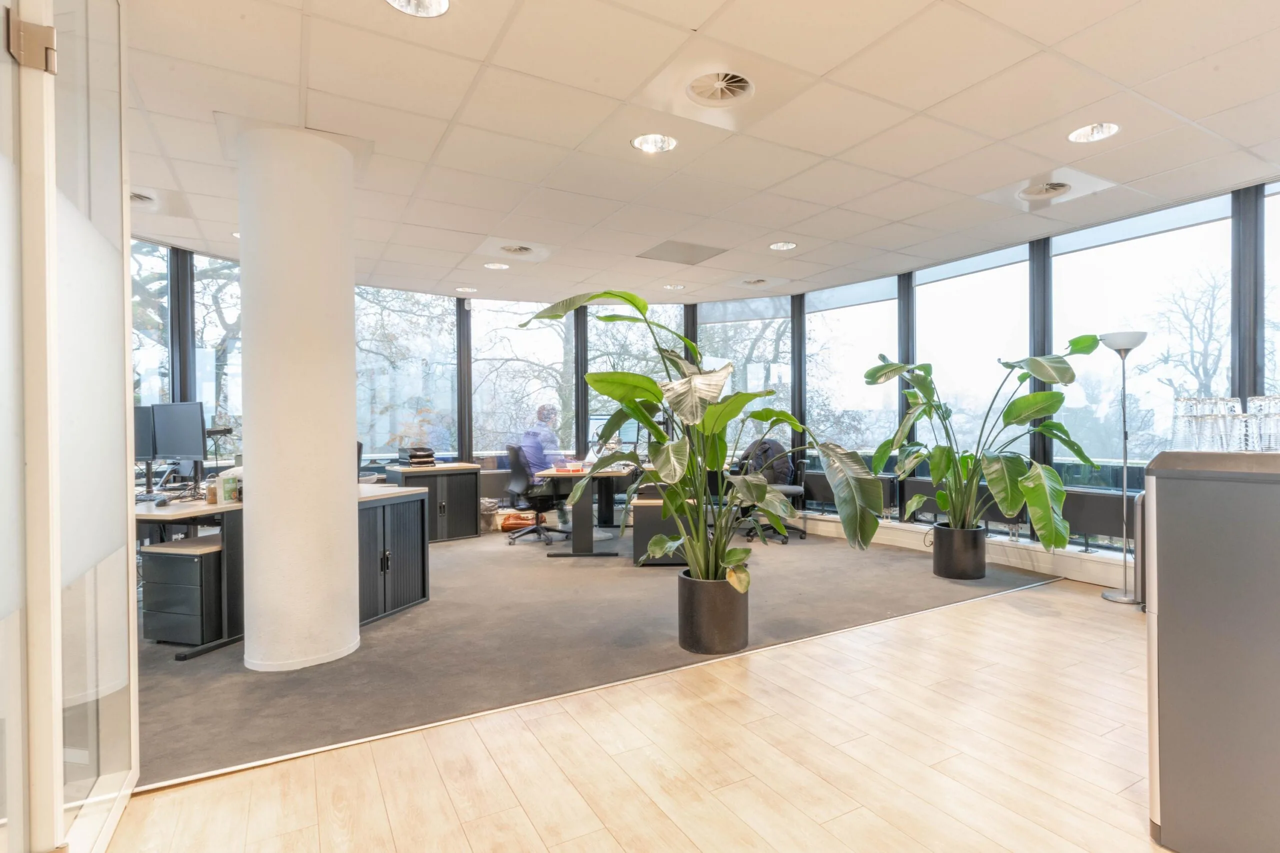 Modern kantoorinterieur aan de 1e Hogeweg met grote ramen, werkplekken en tropische kamerplanten.
